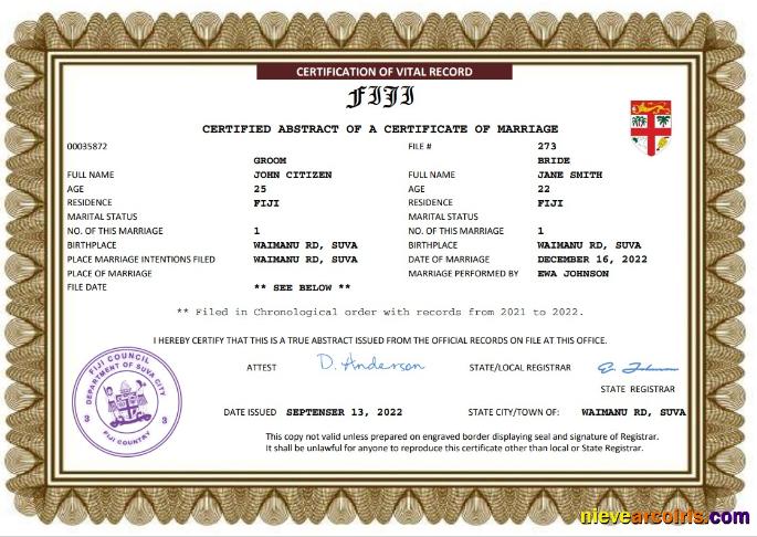 Fiji marriage certificate